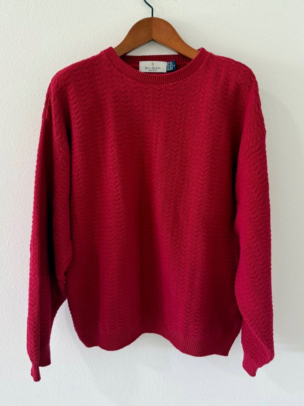 VTG Bill Blass Red Textured Knit 100% Cotton Sweater Crewneck L 90s Grandpa Prep